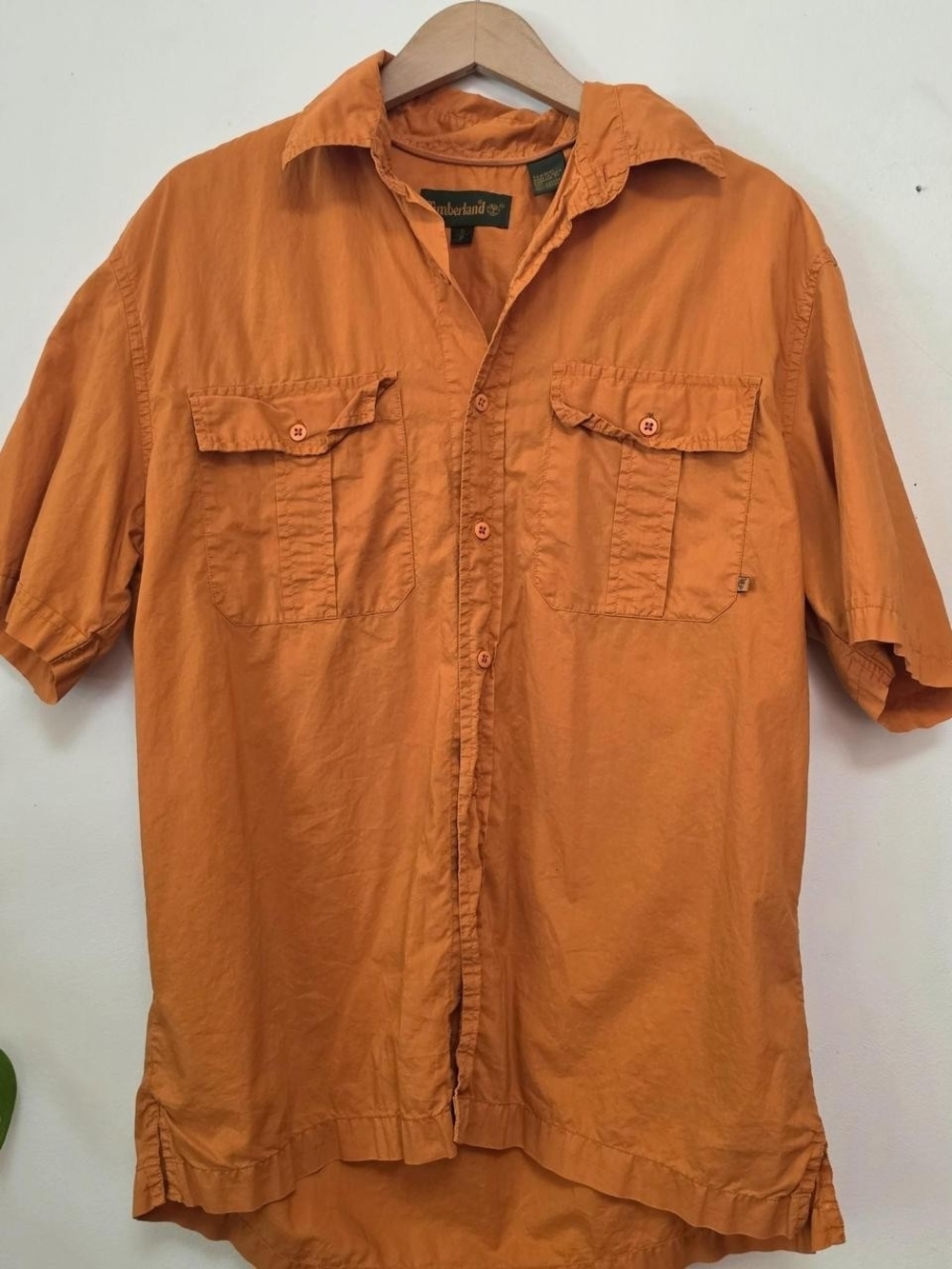 90s Vintage Orange Timberland Button Down Short Sleeve Top Size S